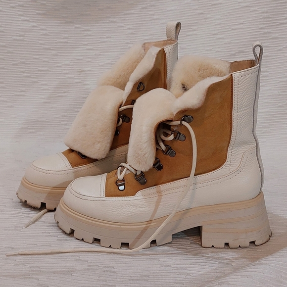 Beautiisoles Lace Up Platform Tan & Cream Fur Lined  Boots Size 9 - Picture 5 of 13